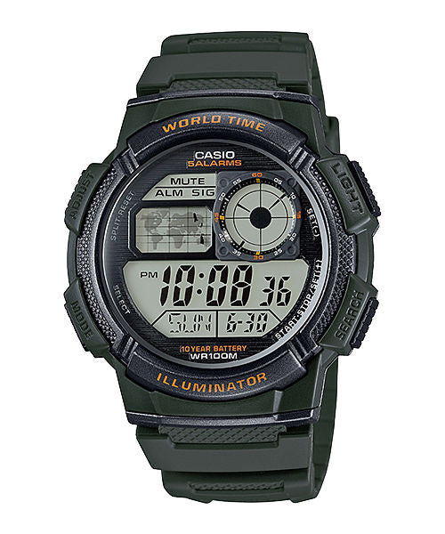 CASIO  AE-1000W-3AVDF  DIGITAL DIAL GREEN RESIN STRAP  WORLD TIME D119
