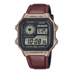 CASIO YOUTH AE-1200WHL-5AVDF BLACK DIGITAL DIAL BROWN LEATHER  BAND D383
