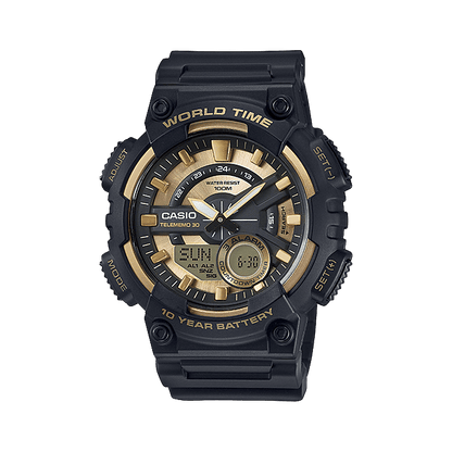 CASIO YOUTH AEQ-110BW-9AVDF GOLD ANALOG-DIGITAL DIAL BLACK  RESIN  BAND AD206
