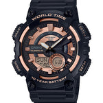 CASIO  AEQ-110W-1A3VDF ROSE GOLD ANALOG-DIGITAL DIAL BLACK RESIN STRAP  10 YEAR BATTERY AD222