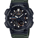 CASIO  AEQ-110W-3AVDF BLACK ANALOG-DIGITAL DIAL GREEN RESIN STRAP  10 YEAR BATTERY AD223
