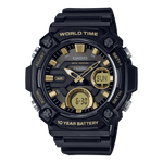 CASIO  AEQ-120W-9AVDF BLACK & GOLD ANALOG-DIGITAL DIAL BLACK RESIN STRAP  10 YEAR BATTERY AD264