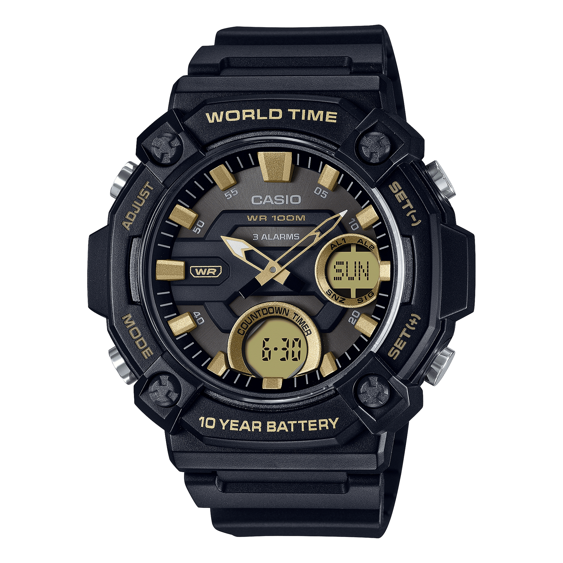 CASIO  AEQ-120W-9AVDF BLACK & GOLD ANALOG-DIGITAL DIAL BLACK RESIN STRAP  10 YEAR BATTERY AD264