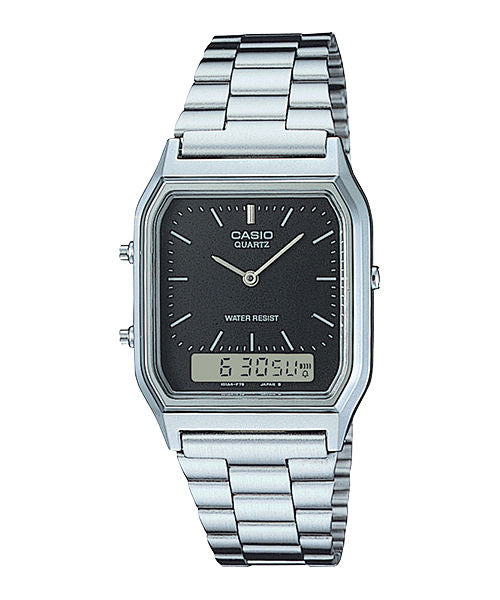CASIO VINTAGE AQ-230A-1DHDF BLACK ANALOG-DIGITAL DIAL UNISEX WATCH SILVER STAINLESS STEEL STRAP  