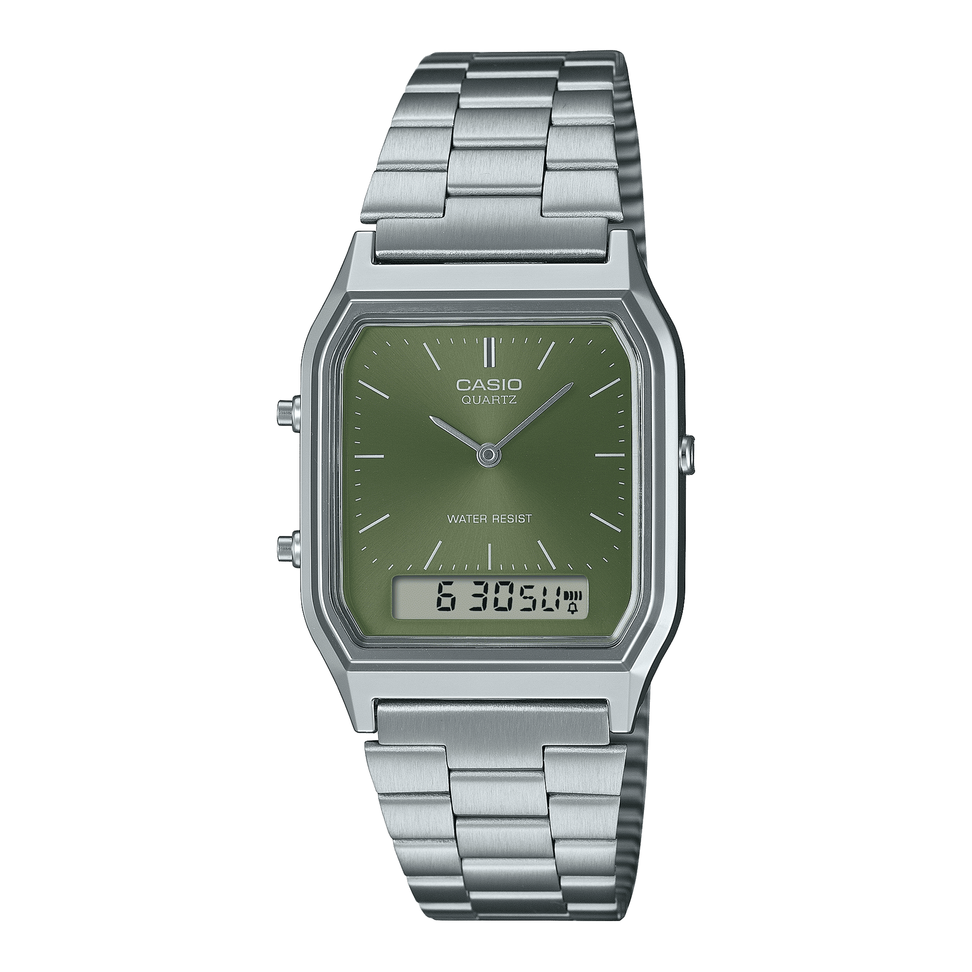 CASIO VINTAGE AQ-230A-3AMQYDF GREEN ANALOG-DIGITAL DIAL SILVER STAINLESS STEEL BAND AD278