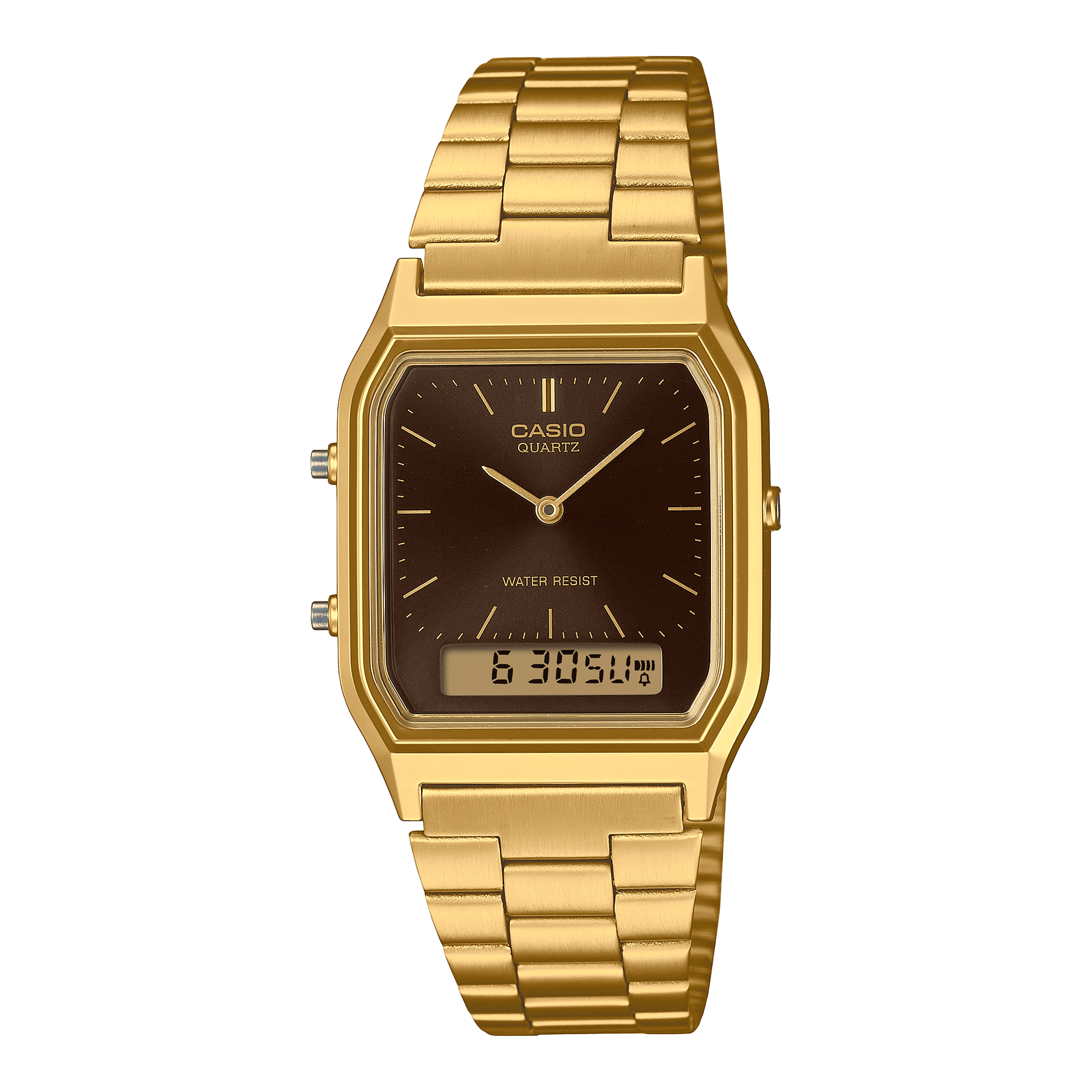 CASIO VINTAGE AQ-230GA-5AMQYDF BROWN ANALOG-DIGITAL DIAL GOLD  STAINLESS STEEL BAND D369