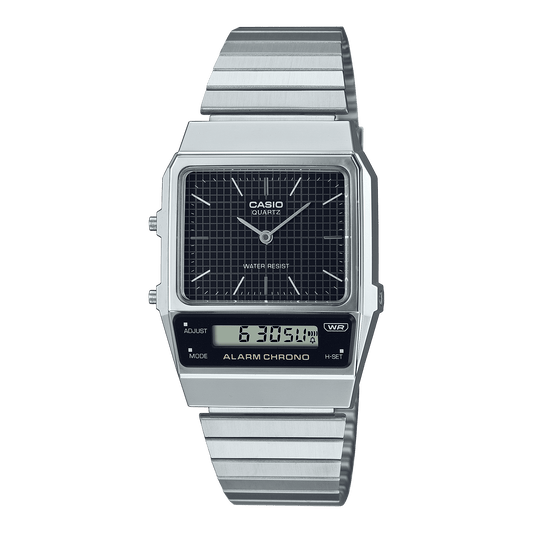 CASIO VINTAGE AQ-800E-1ADF BLACK ANALOG-DIGITAL DIAL SILVER STAINLESS STEEL BAND D280