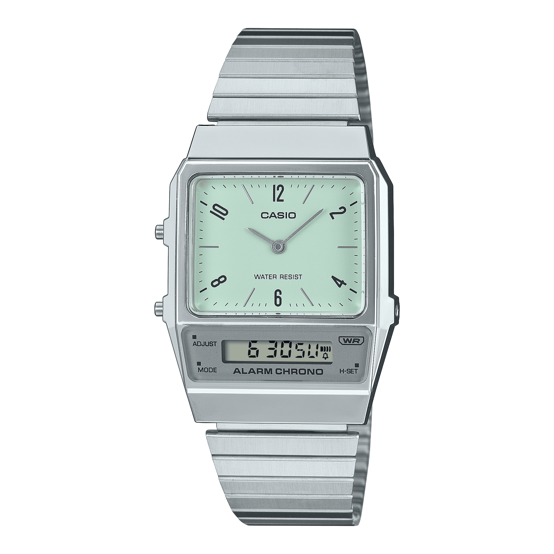 CASIO VINTAGE AQ-800E-3ADF GREEN ANALOG-DIGITAL DIAL SILVER STAINLESS STEEL BAND D362