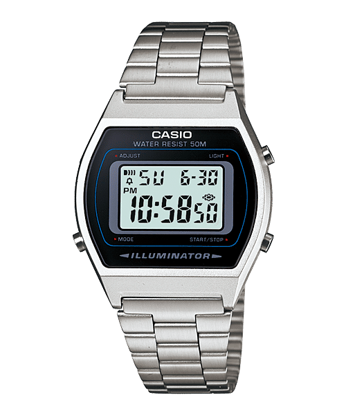 CASIO VINTAGE B640WD-1AVDF BLACK DIGITAL DIAL SILVER STAINLESS STEEL BAND D129