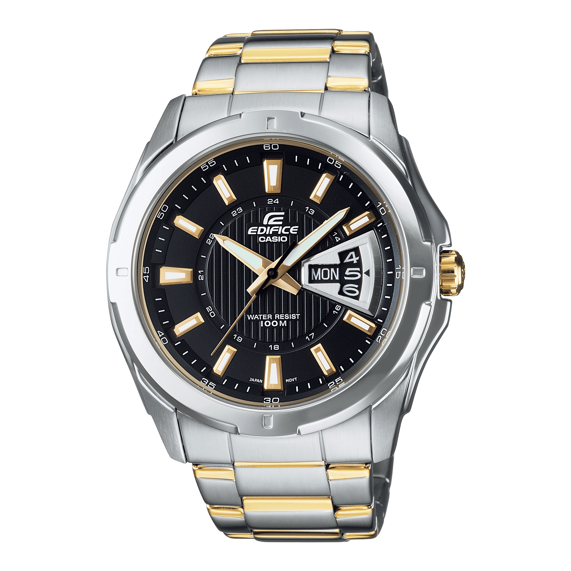 CASIO EDIFICE EF-129SG-1AVDF BLACK ANALOG DIAL TWO-TONE STAINLESS STEEL STRAP MEN'S WATCH WATER RESISTANCE DATE DISPLAY