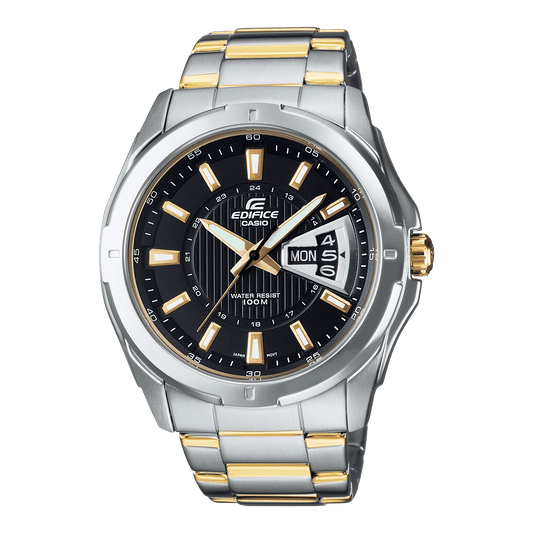CASIO EDIFICE EF-129SG-1AVDF BLACK ANALOG DIAL TWO-TONE STAINLESS STEEL STRAP MEN'S WATCH WATER RESISTANCE DATE DISPLAY