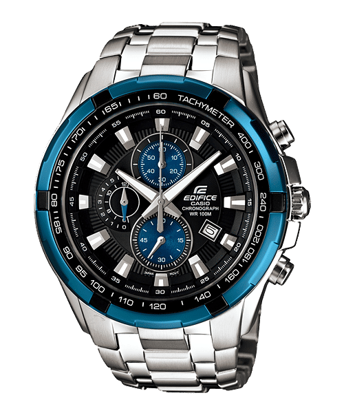 CASIO EDIFICE EF-539D-1A2VUDF BLUE AND BLACK ANALOG DIAL SILVER STAINLESS STEEL STRAP MEN'S WATCH SOLID STRAP STOP-WATCH