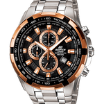 CASIO EDIFICE EF-539D-1A5VUDF BLACK AND ROSE GOLD ANALOG DIAL SILVER STAINLESS STEEL STRAP MEN'S WATCH SOLID STRAP STOP-WATCH