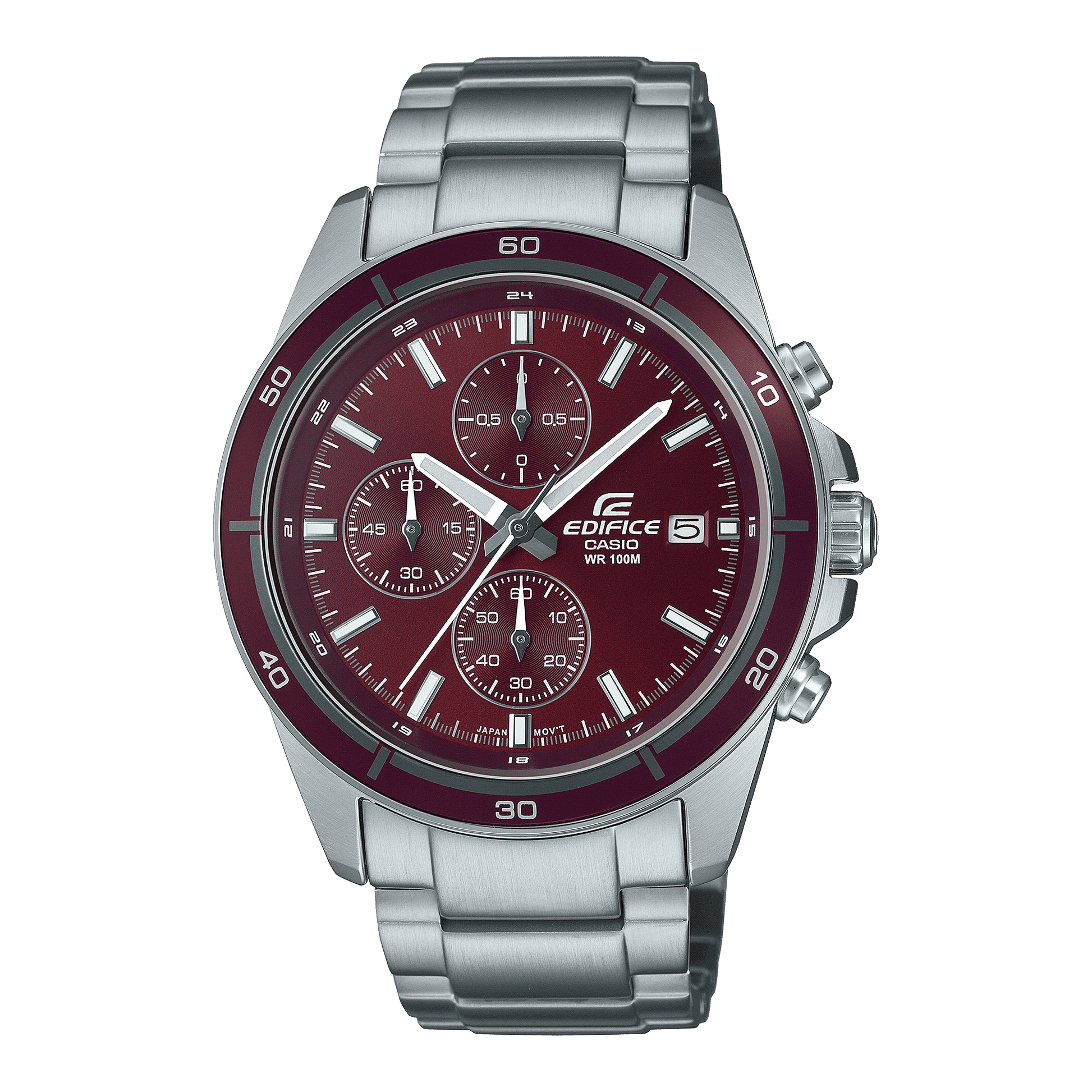 CASIO EDIFICE EFR-526D-5CVUDF RED ANALOG DIAL SILVER STAINLESS STEEL STRAP MEN'S WATCH CHRONOGRAPH 100M WATER RESISTANT