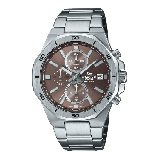 CASIO EDIFICE EFV-640D-5AVUDF BROWN ANALOG DIAL SILVER STAINLESS STEEL STRAP MEN'S WATCH CHRONOGRAPH 100M WATER RESISTANT