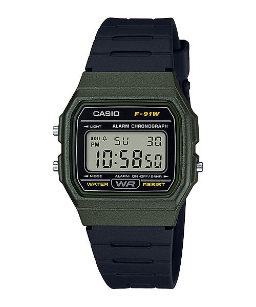 CASIO  F-91WM-3ADF GREEN DIGITAL DIAL BLACK RESIN STRAP  7 YEAR BATTERY D248