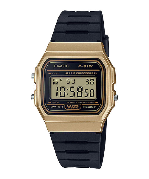 CASIO  F-91WM-9ADF GOLD DIGITAL DIAL BLACK RESIN STRAP  7 YEAR BATTERY D142
