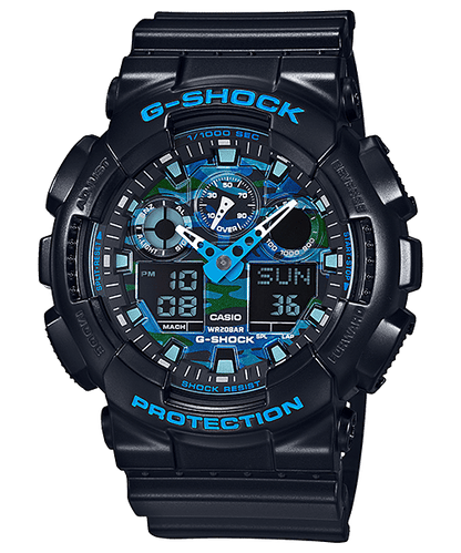 CASIO G-SHOCK GA-100CB-1ADR BLUE CAMOUFLAGE ANA-DIGI DIAL BLACK RESIN STRAP MEN'S WATCH G625