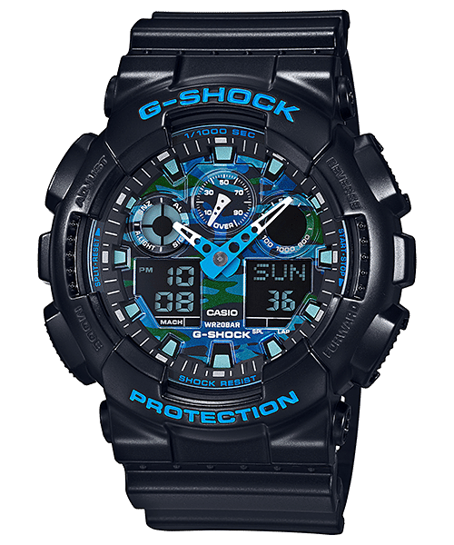 CASIO G-SHOCK GA-100CB-1ADR BLUE CAMOUFLAGE ANA-DIGI DIAL BLACK RESIN STRAP MEN'S WATCH G625