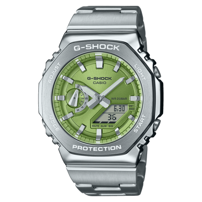 CASIO G-SHOCK GM-2110D-3ADR GREEN ANALOG-DIGITAL DIAL SILVER STAINLESS STEEL  BAND G1611