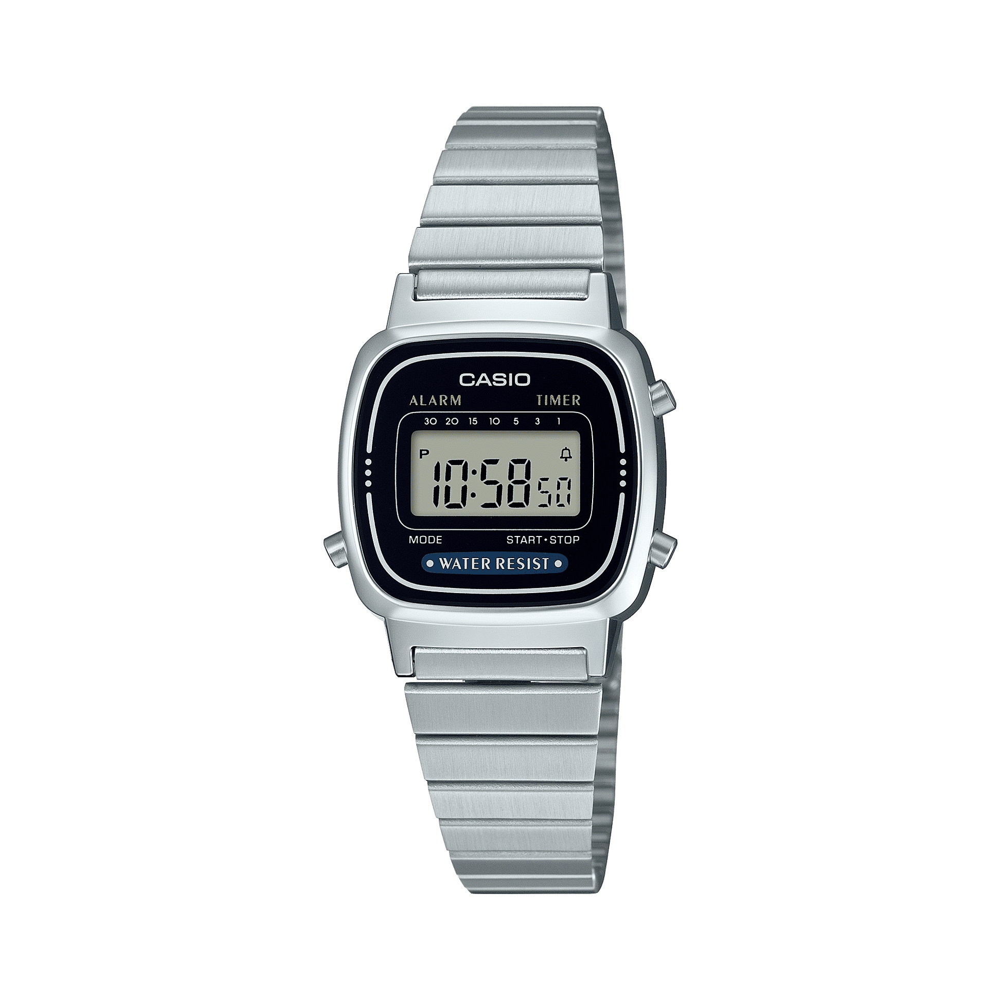 CASIO VINTAGE LA670WA-1DF BLACK DIGITAL DIAL SILVER STAINLESS STEEL BAND D089