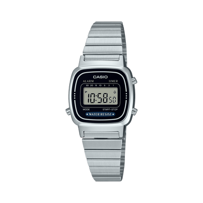 CASIO VINTAGE LA670WA-1DF BLACK DIGITAL DIAL SILVER STAINLESS STEEL BAND D089