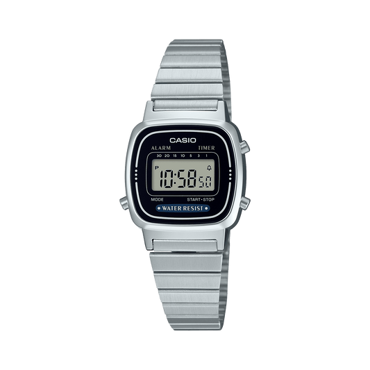 CASIO VINTAGE LA670WA-1DF BLACK DIGITAL DIAL SILVER STAINLESS STEEL BAND D089