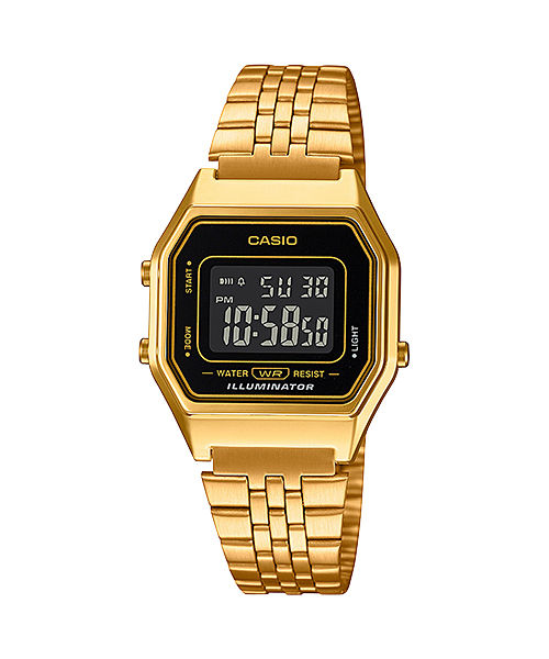 CASIO VINTAGE LA680WGA-1BDF BLACK DIGITAL DIAL GOLD STAINLESS STEEL BAND D205