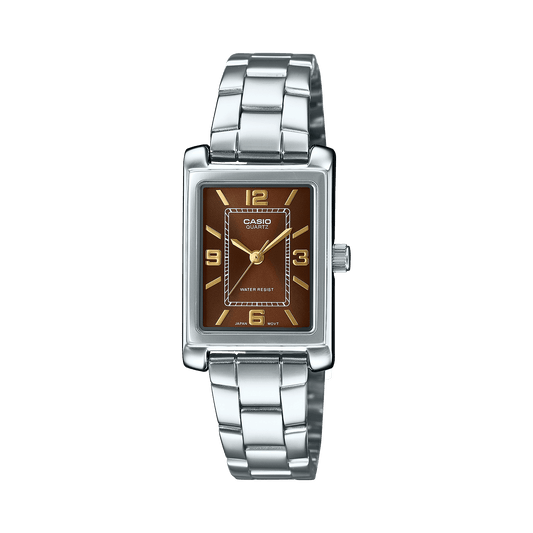 CASIO ENTICER LADIES LTP-1234DD-5ADF BROWN ANALOG DIAL SILVER STAINLESS STEEL BAND A2356