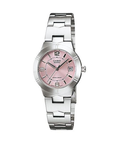 CASIO LTP-1241D-4ADF PINK ANALOG DIAL SILVER STAINLESS STEEL BAND WOMEN'S WATCH A873