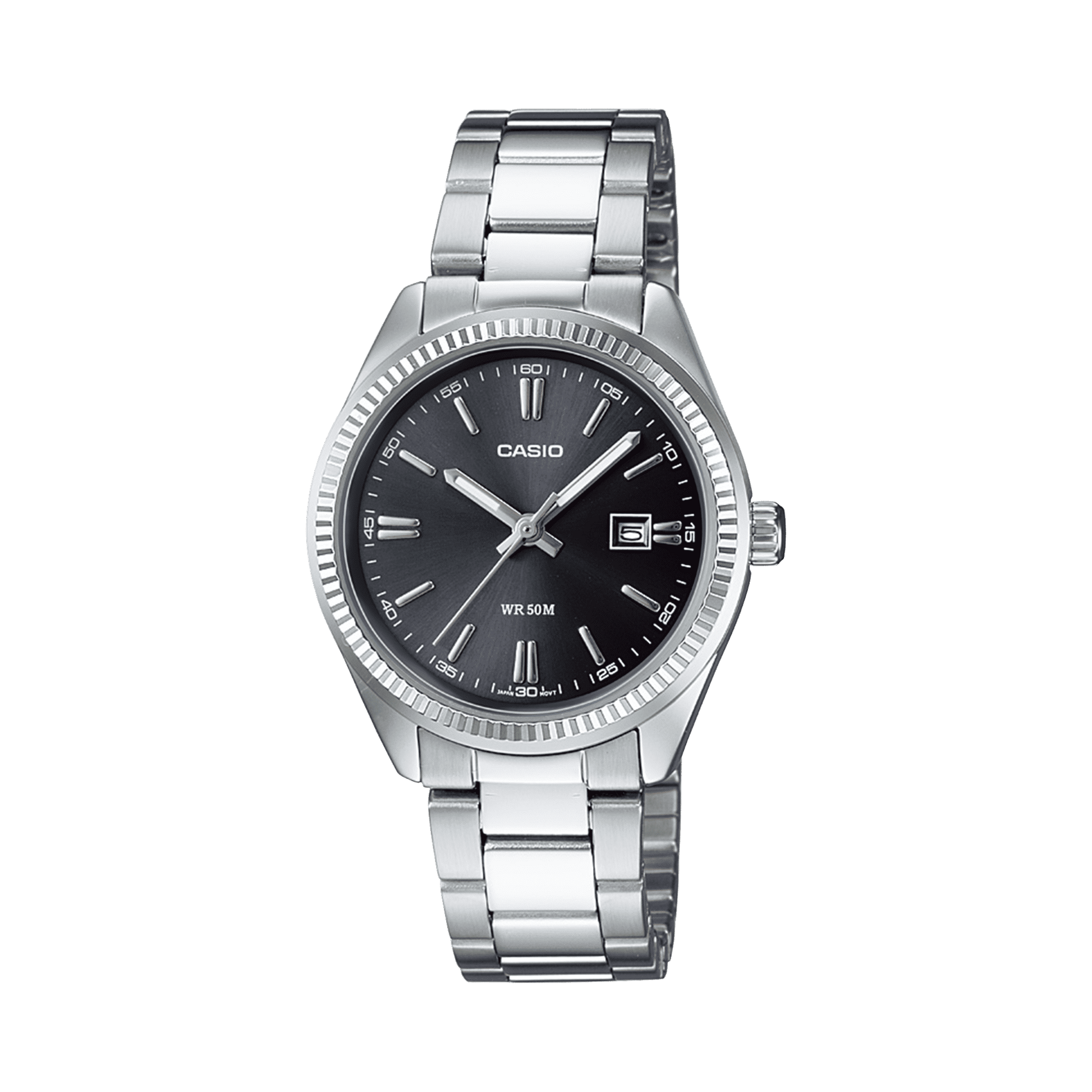 CASIO ENTICER LADIES LTP-1302D-1A1VDF BLACK ANALOG DIAL SILVER STAINLESS STEEL BAND A1535