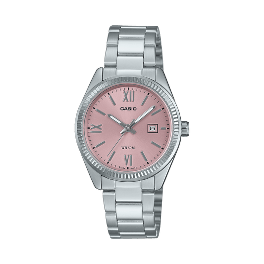 CASIO ENTICER LADIES LTP-1302DD-4A1VDF PINK ANALOG DIAL SILVER STAINLESS STEEL BAND A2360