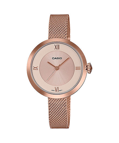 CASIO LTP-E154MPG-4ADF PINK GOLD IP ANALOG DIAL  STAINLESS STEEL MESH BAND WOMEN'S WATCH A1852