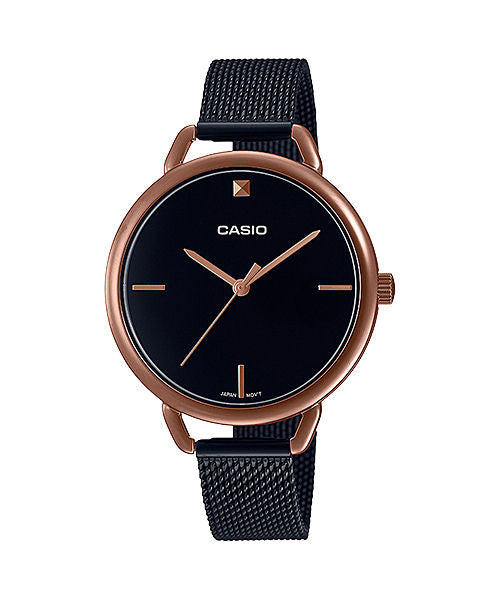 CASIO LTP-E415MBR-1CDF ROSE GOLD ANALOG DIAL BLACK STAINLESS STEEL MESH BAND WOMEN'S WATCH A1811