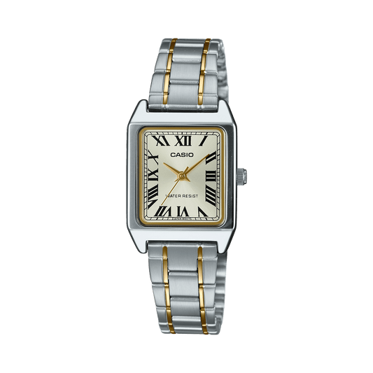 CASIO LTP-V007SG-9BUDF GOLD ANALOG DIAL DUAL TONED STAINLESS STEEL BAND WOMEN'S WATCH A2293