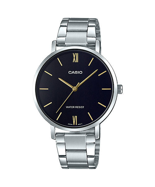 CASIO LTP-VT01D-1BUDF BLACK ANALOG DIAL SILVER STAINLESS STEEL BAND WOMEN'S WATCH A1622
