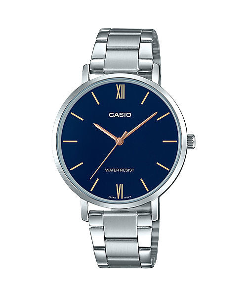 CASIO LTP-VT01D-2BUDF BLUE ANALOG DIAL SILVER STAINLESS STEEL BAND WOMEN'S WATCH A1623