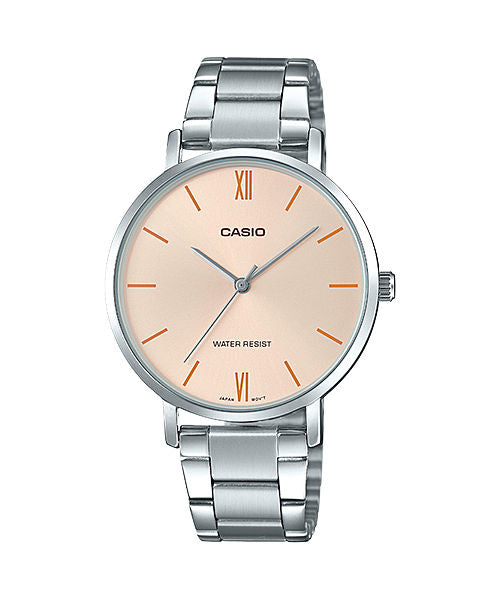 CASIO LTP-VT01D-4BUDF PINK ANALOG DIAL SILVER STAINLESS STEEL BAND WOMEN'S WATCH A1624