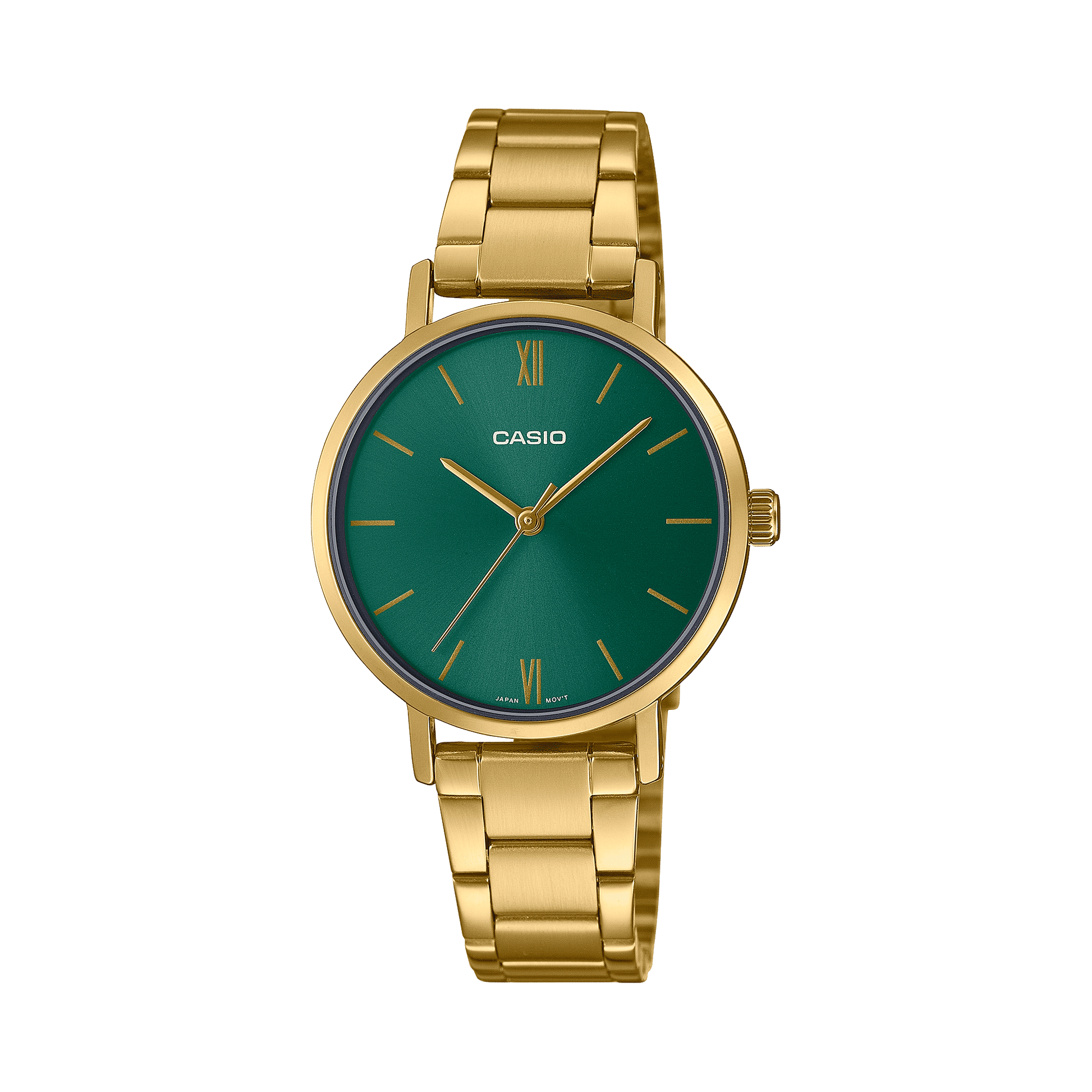 CASIO LTP-VT02G-3AUDF GOLD IP GREEN ANALOG DIAL GOLD STAINLESS STEEL BAND WOMEN'S WATCH A1999