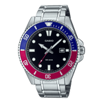 CASIO MDV-107D-1A3VDF BLACK-PINK-BLUE ANALOG DIAL SILVER STAINLESS STEEL BAND MEN'S WATCH A2191
