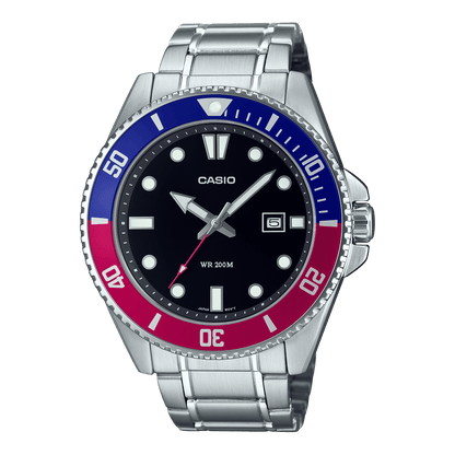 CASIO MDV-107D-1A3VDF BLACK-PINK-BLUE ANALOG DIAL SILVER STAINLESS STEEL BAND MEN'S WATCH A2191