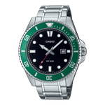 CASIO MDV-107D-3AVDF BLACK-GREEN ANALOG DIAL SILVER STAINLESS STEEL BAND MEN'S WATCH A2192