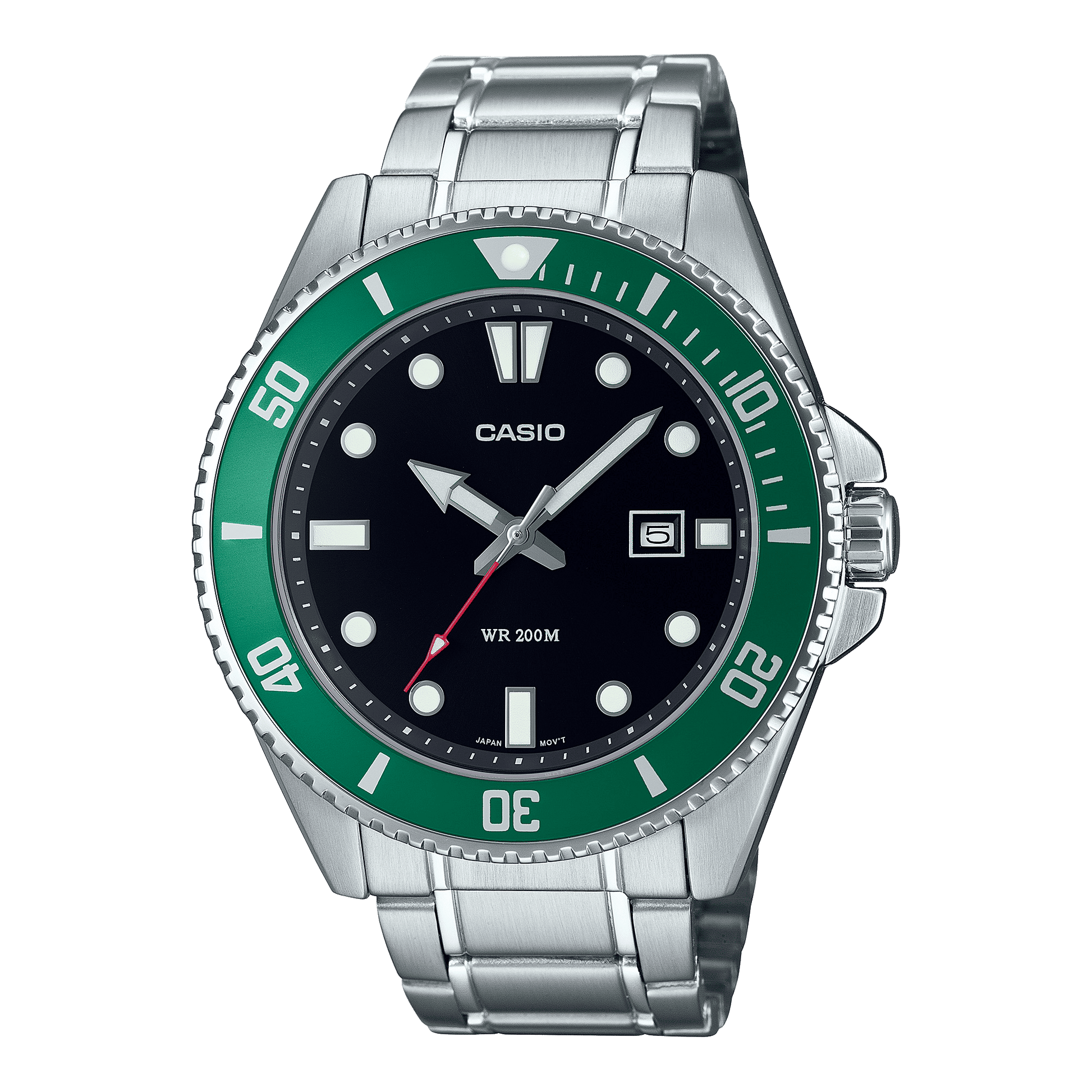 CASIO MDV-107D-3AVDF BLACK-GREEN ANALOG DIAL SILVER STAINLESS STEEL BAND MEN'S WATCH A2192