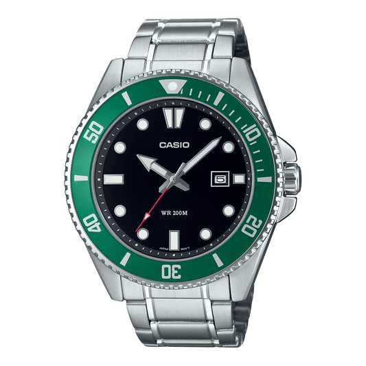 CASIO MDV-107D-3AVDF BLACK-GREEN ANALOG DIAL SILVER STAINLESS STEEL BAND MEN'S WATCH A2192