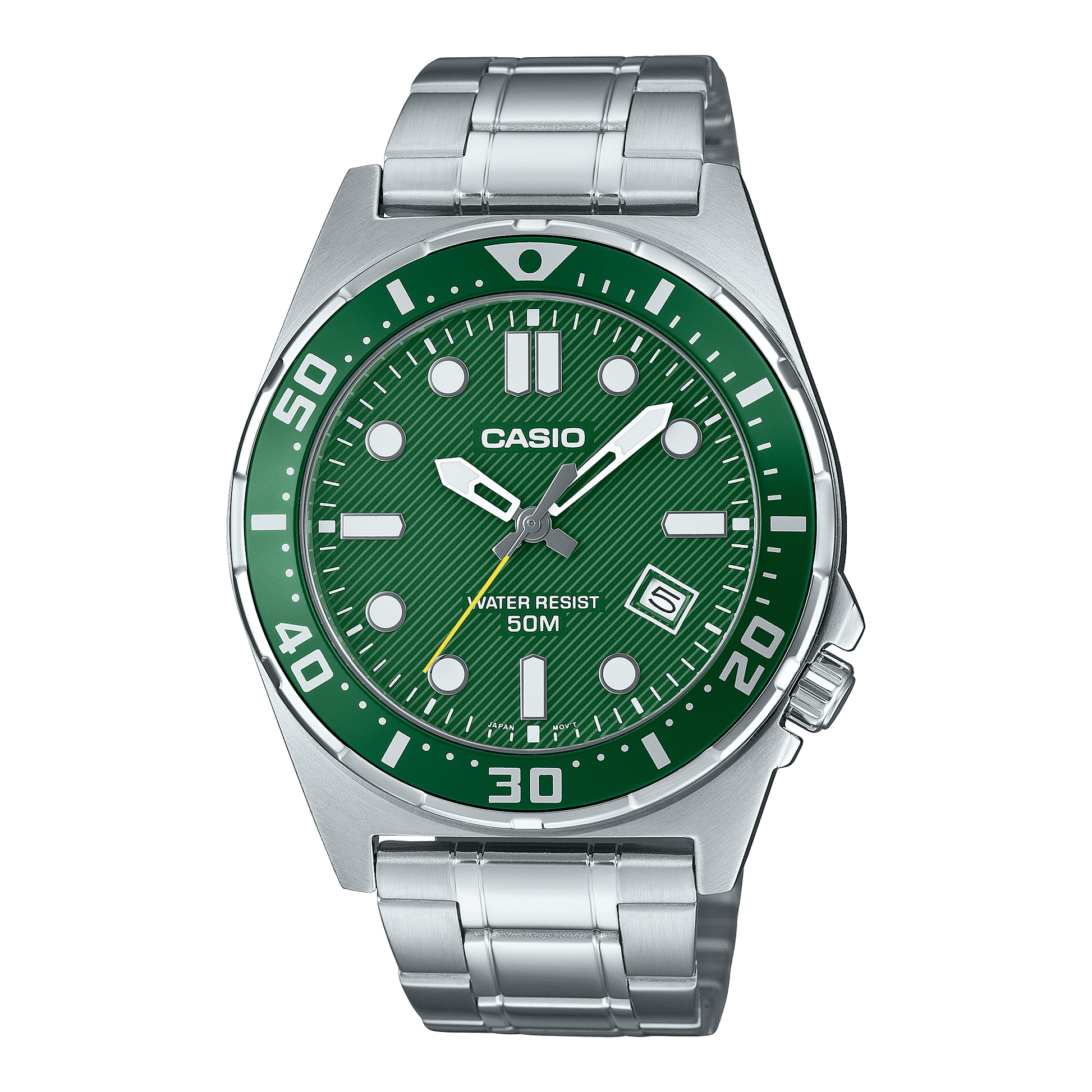 CASIO ENTICER MEN MTD-135D-3AVDF GREEN ANALOG DIAL SILVER STAINLESS STEEL BAND A2378