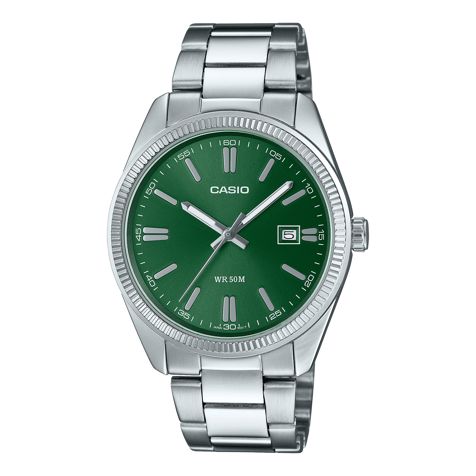CASIO MTP-1302PD-3AVEF GREEN ANALOG DIAL SILVER STAINLESS STEEL BAND MEN'S WATCH A2262