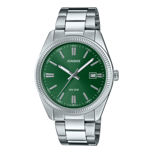 CASIO MTP-1302PD-3AVEF GREEN ANALOG DIAL SILVER STAINLESS STEEL BAND MEN'S WATCH A2262