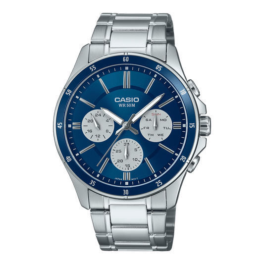 CASIO ENTICER MEN MTP-1374D-2A3VDF BLUE ANALOG DIAL SILVER STAINLESS STEEL  BAND A2346