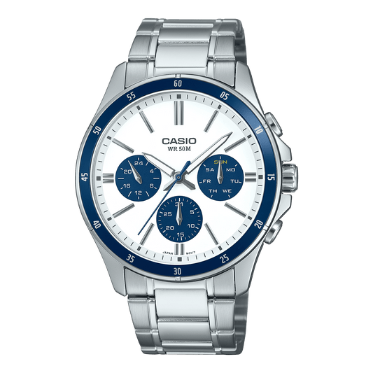 CASIO ENTICER MEN MTP-1374D-7A2VDF WHITE ANALOG DIAL SILVER STAINLESS STEEL  BAND A2348