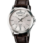 CASIO MTP-1381L-7AVDF SILVER ANALOG DIAL BROWN LEATHER BAND MEN'S WATCH A845